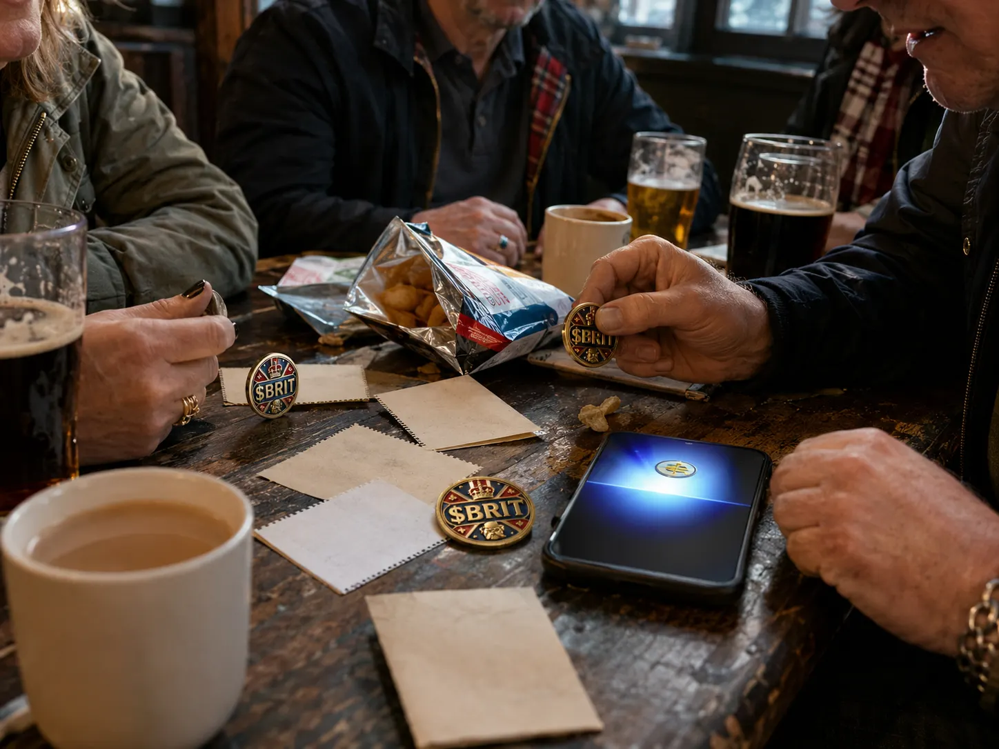 Hands gathered around a gold community token on a pub table
