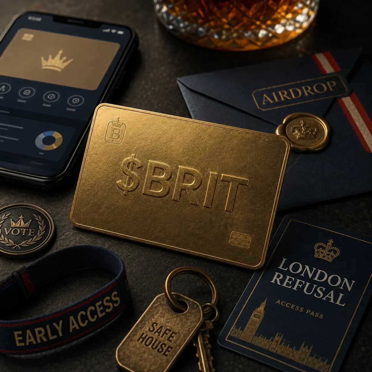 A gold token key unlocking game, voting, airdrop, and membership perks