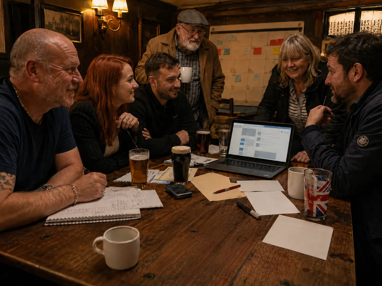 Community members planning an online group post in a pub back room