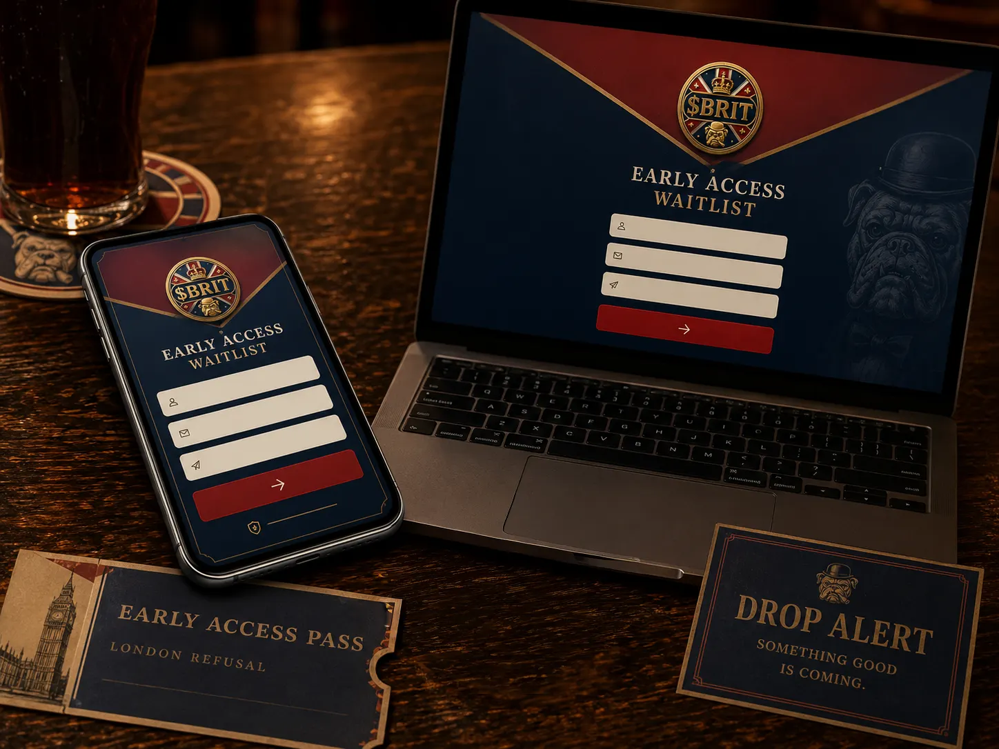 A phone and laptop showing an abstract community waitlist signup