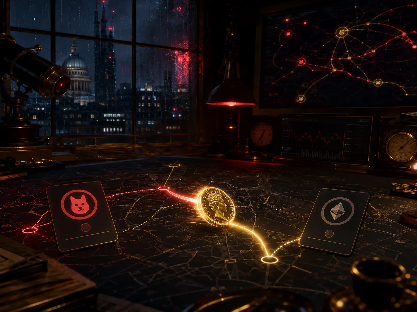 London observatory trading suite with orbital swap route lights