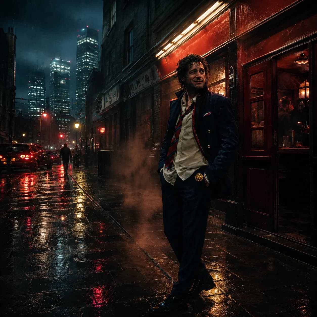 Lone antihero silhouette walking through a red-lit London alley
