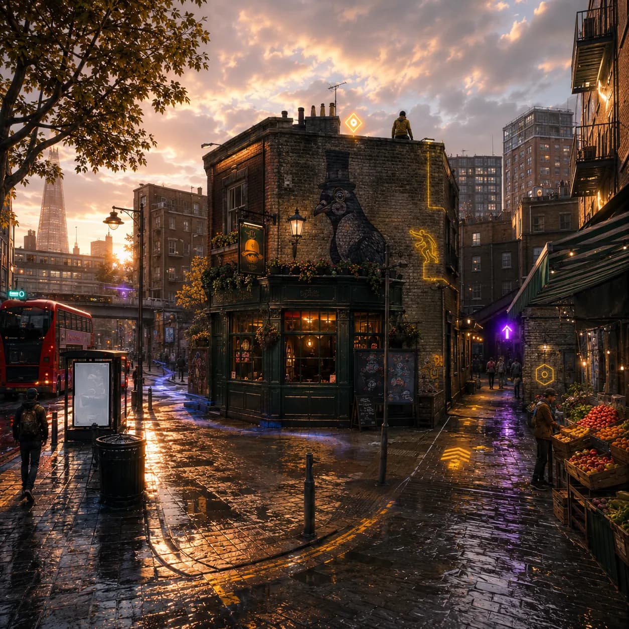 Cinematic rainy London street with mission-route markers