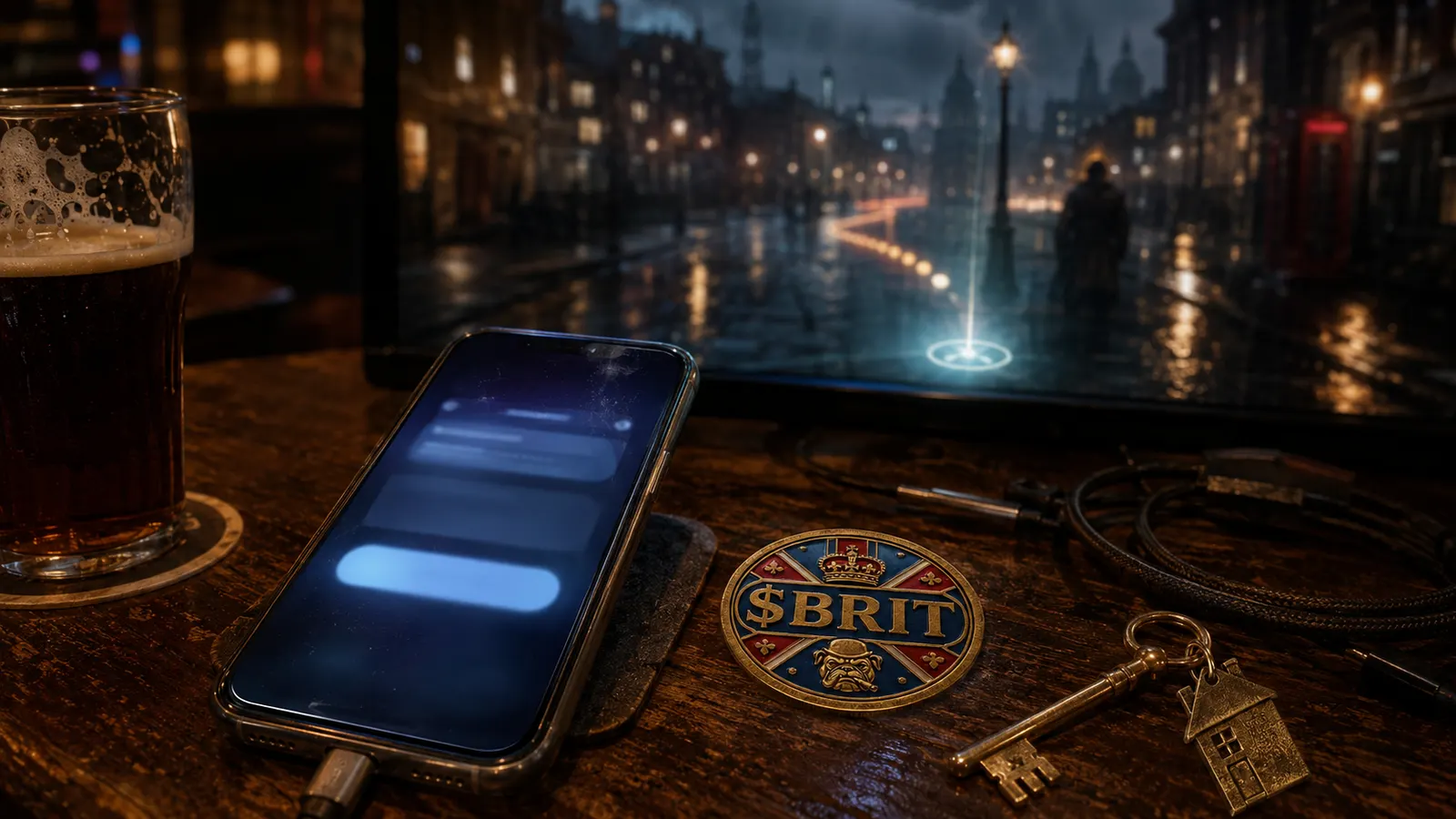 A mobile wallet connected by light to a cinematic London game screen