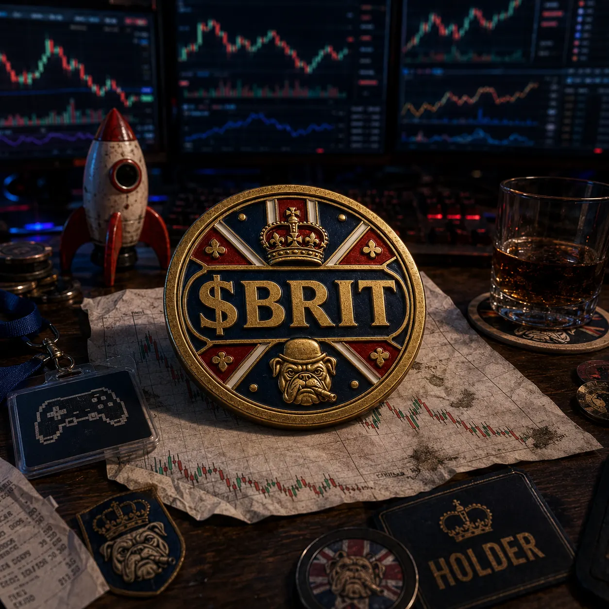 Screenprint-style gold token shield breaking through hype charts