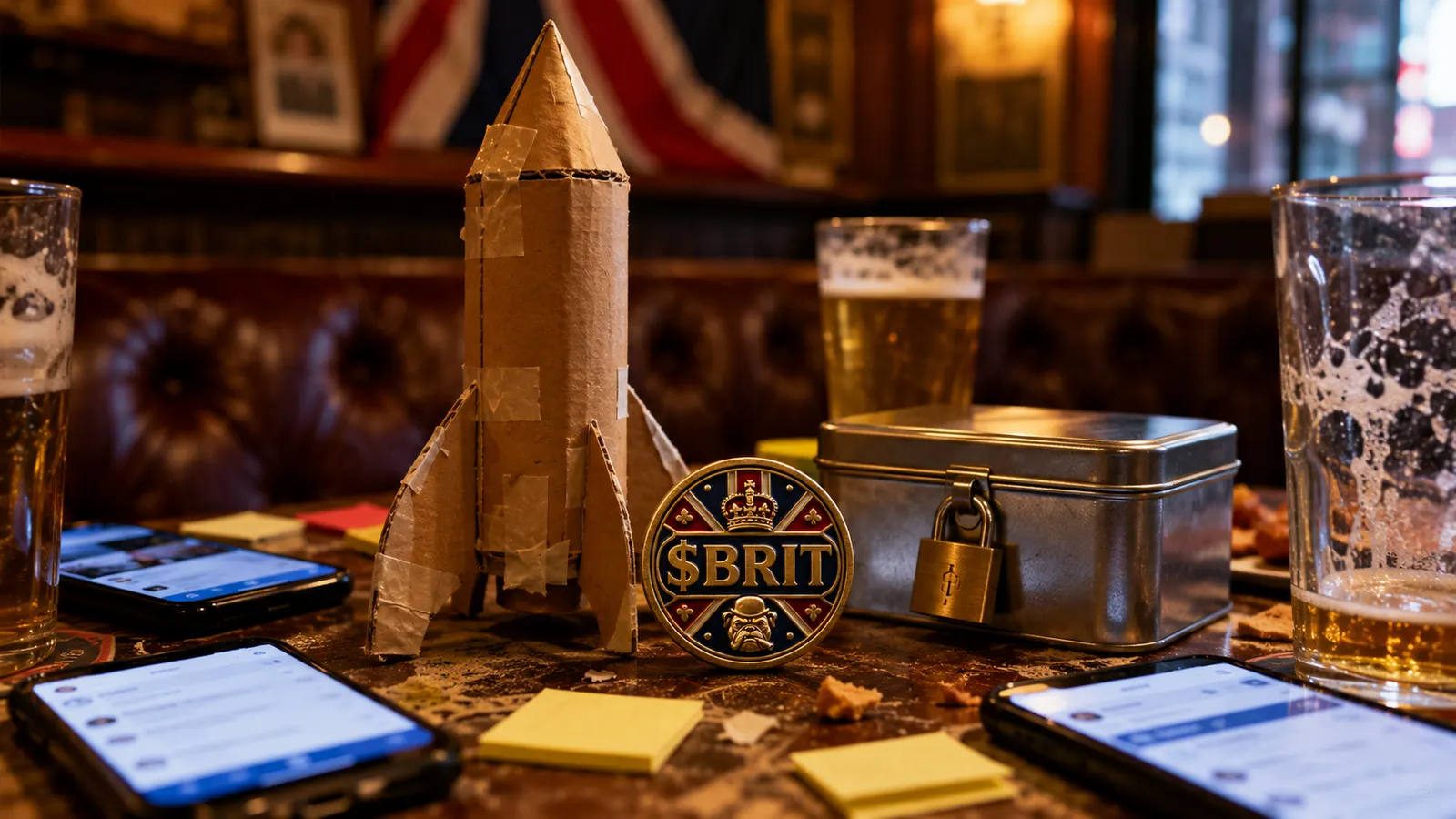 Gold BRIT rocket lifting off from a fictional London rooftop
